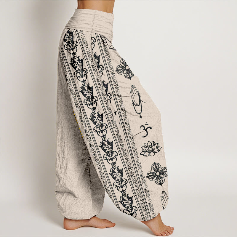 Buddha Stones Cotton Lotus Flowers Double Dorje Vajra Namaste Om Design Women's Elastic Waist Harem Pants - image 10