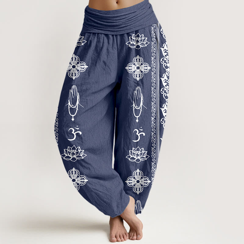 Buddha Stones Pure Cotton Lotus Flowers Double Dorje Vajra Namaste Om Design Women's Elastic Waist Harem Pants - SteelBlue - US22，UK/AU26，EU54 (6XL) - image 11