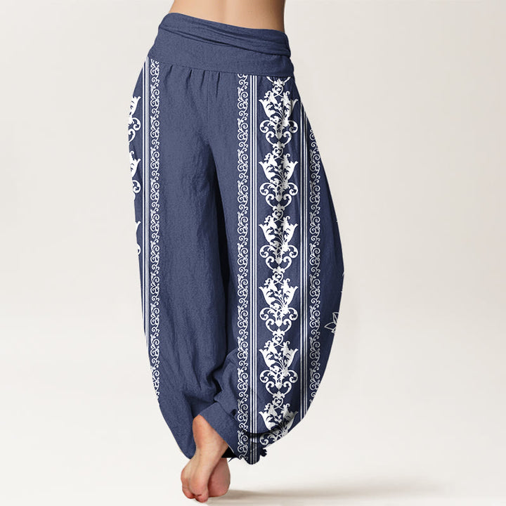 Buddha Stones Cotton Lotus Flowers Double Dorje Vajra Namaste Om Design Women's Elastic Waist Harem Pants - image 12