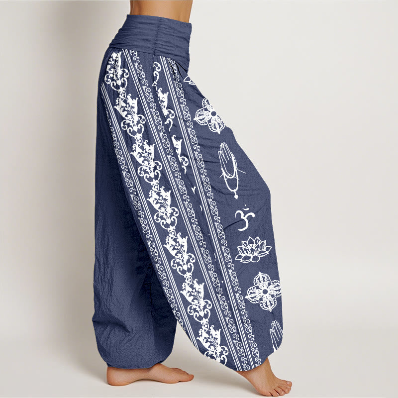 Buddha Stones Pure Cotton Lotus Flowers Double Dorje Vajra Namaste Om Design Women's Elastic Waist Harem Pants - image 13