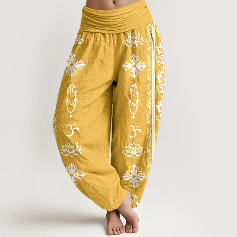 Buddha Stones Cotton Lotus Flowers Double Dorje Vajra Namaste Om Design Women's Elastic Waist Harem Pants - Gold - US22，UK/AU26，EU54 (6XL) - image 17