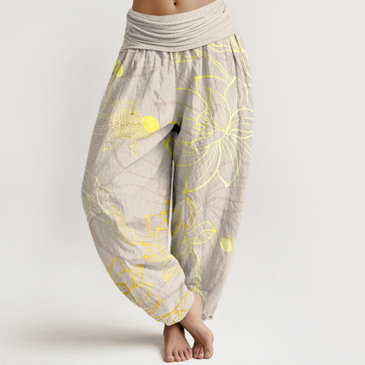 Buddha Stones Pure Cotton Lotus Leaf Koi Fish Women's Elastic Waist Harem Pants - Beige - US22，UK/AU26，EU54 (6XL) - image 8