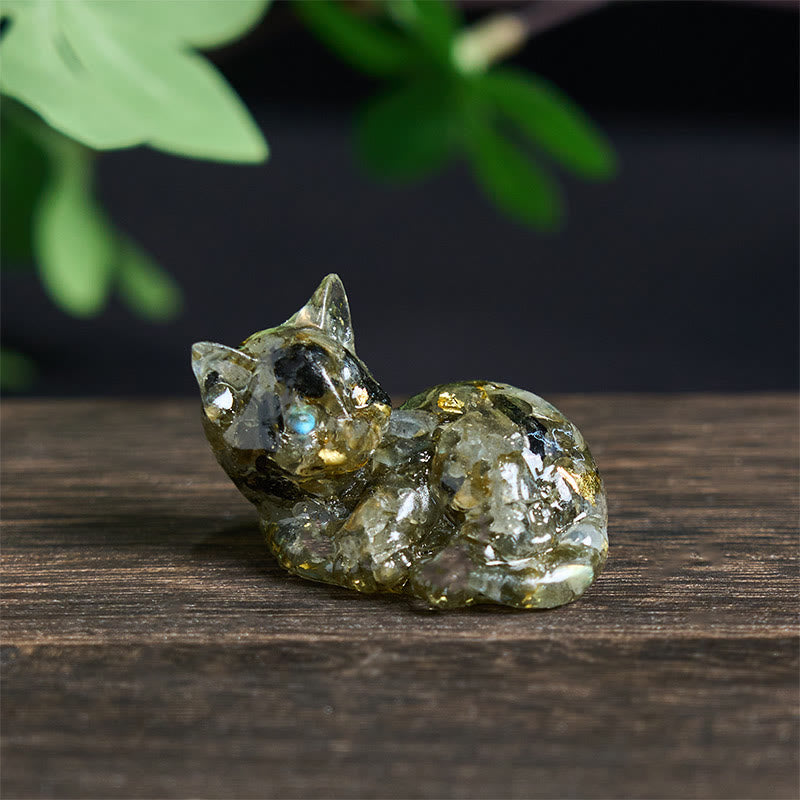 Buddha Stones Crystal Chip Epoxy Resin Small Cat Positive Decoration  - Labradorite(32*43*53mm) - image 22