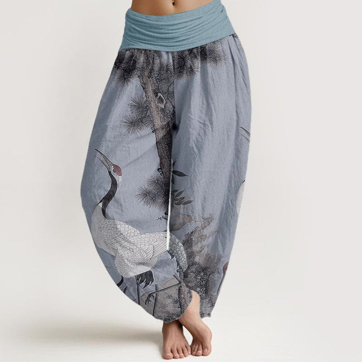 Buddha Stones Pure Cotton Casual Red-crowned Crane Pine Tree Mountain Women's Elastic Waist Harem Pants - LightSteelBlue - US22，UK/AU26，EU54 (6XL) - image 8