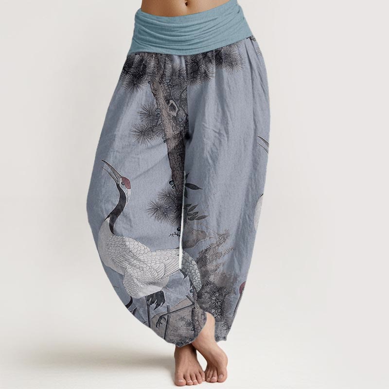 Buddha Stones Cotton Casual Red-crowned Crane Pine Tree Mountain Women's Elastic Waist Harem Pants - LightSteelBlue - US22，UK/AU26，EU54 (6XL) - image 7