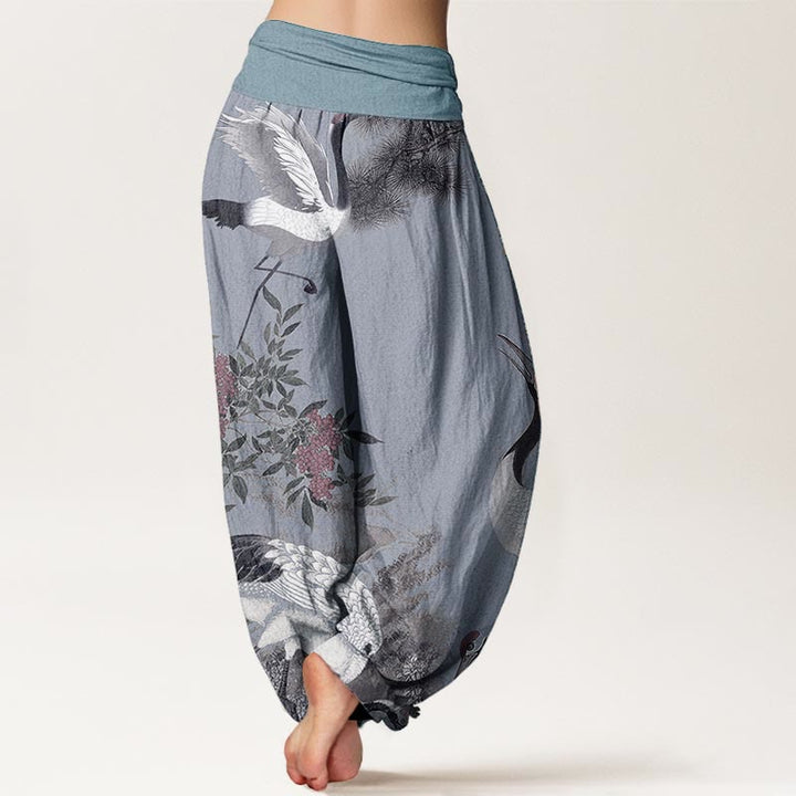 Buddha Stones Cotton Casual Red-crowned Crane Pine Tree Mountain Women's Elastic Waist Harem Pants - image 8