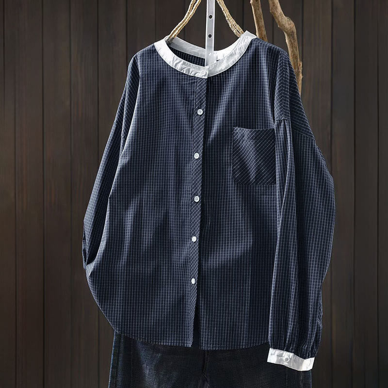 Buddha Stones Plaid Contrasting Buttons Down Long Sleeve Women's Cotton Shirt - SteelBlue - US4-6，UK/AU8-10，EU36-38 (F) - image 0
