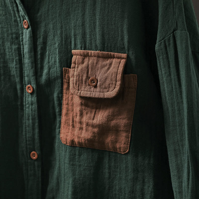 Buddha Stones Fall Contrasting Pocket Buttons Down Long Sleeve Women's Cotton Shirt - image 6