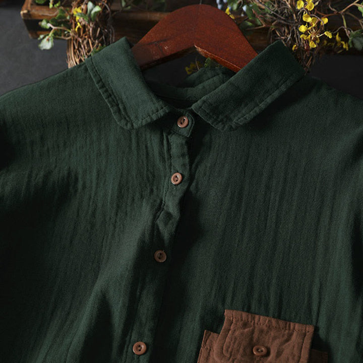 Buddha Stones Fall Contrasting Pocket Buttons Down Long Sleeve Women's Cotton Shirt - image 4