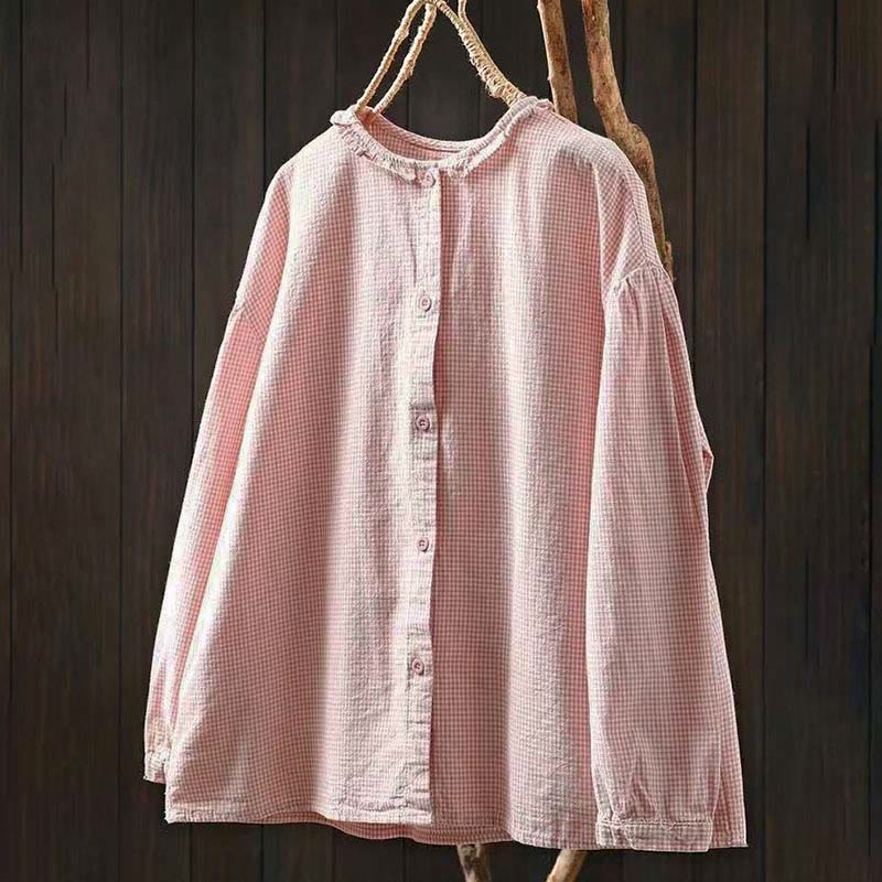 Buddha Stones Spring Small Plaid Buttons Down Long Sleeve Women's Cotton Shirt - LightPink - US4，UK/AU8，EU36 (L) - image 11