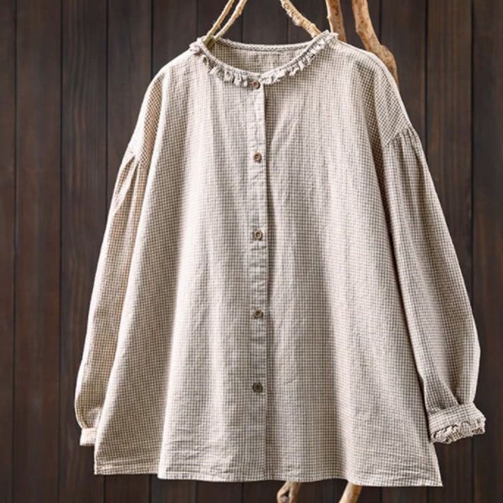 Buddha Stones Spring Small Plaid Buttons Down Long Sleeve Women's Cotton Shirt - Beige - US4，UK/AU8，EU36 (L) - image 13