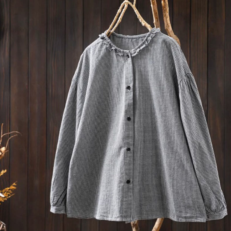 Buddha Stones Spring Small Plaid Buttons Down Long Sleeve Women's Cotton Shirt - Black - US4，UK/AU8，EU36 (L) - image 15
