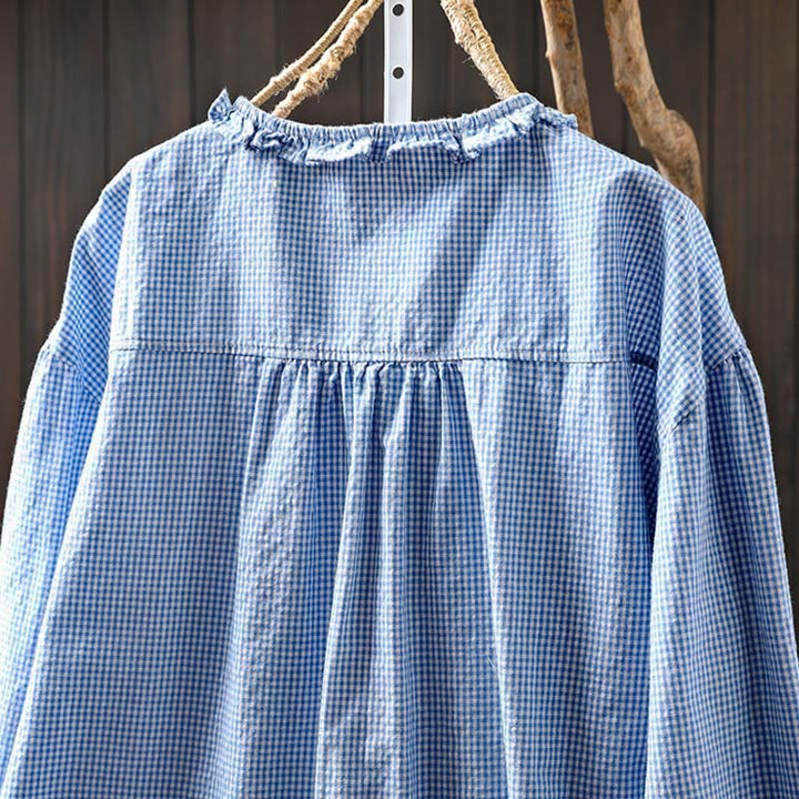 Buddha Stones Spring Small Plaid Buttons Down Long Sleeve Women's Cotton Shirt - image 3