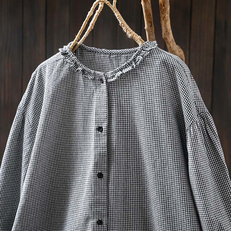 Buddha Stones Spring Small Plaid Buttons Down Long Sleeve Women's Cotton Shirt - image 16