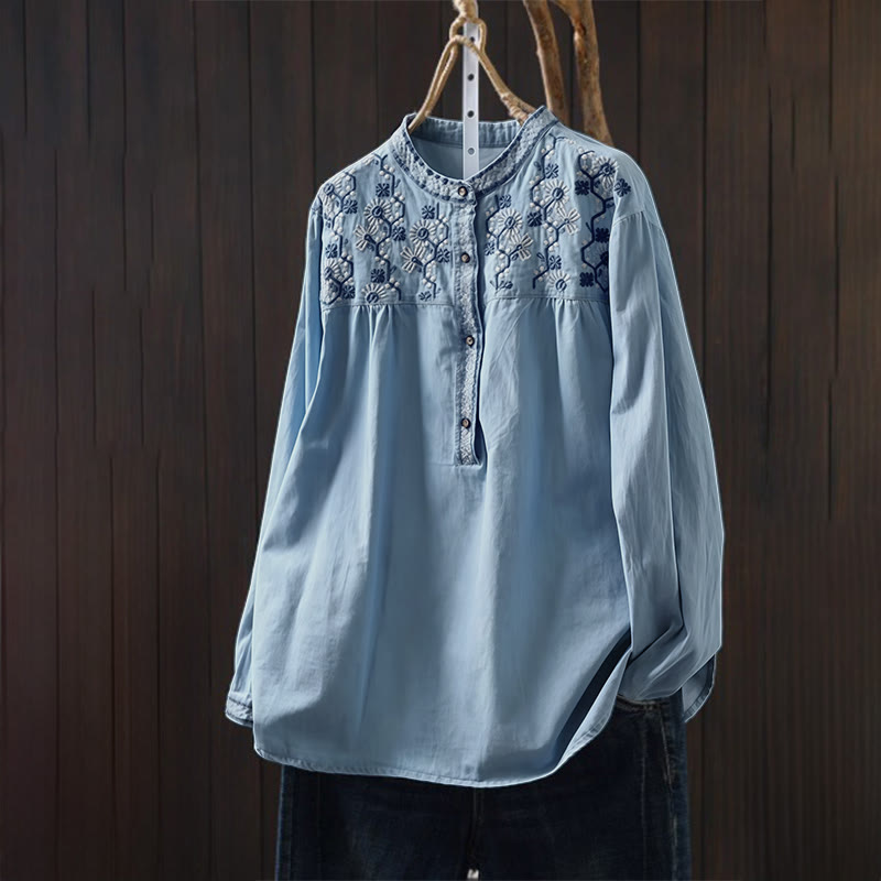 Buddha Stones Geometry Floral Embroidery Cotton Denim Half Buttons Long Sleeve Women's Shirt - LightSkyBlue - US4-6，UK/AU8-10，EU36-38 (F) - image 0