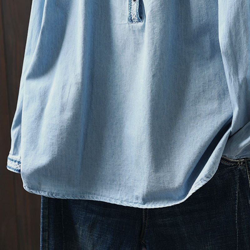 Buddha Stones Geometry Floral Embroidery Cotton Denim Half Buttons Long Sleeve Women's Shirt - image 12