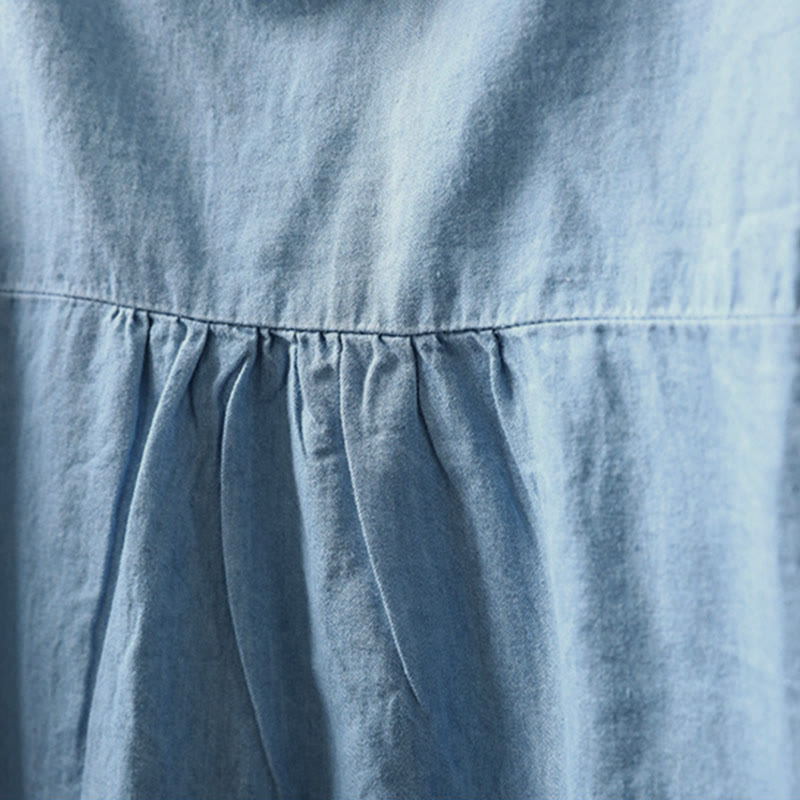 Buddha Stones Geometry Floral Embroidery Cotton Denim Half Buttons Long Sleeve Women's Shirt - image 7