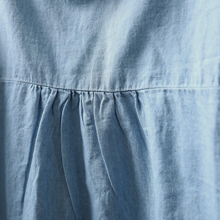 Buddha Stones Geometry Floral Embroidery Cotton Denim Half Buttons Long Sleeve Women's Shirt - image 7