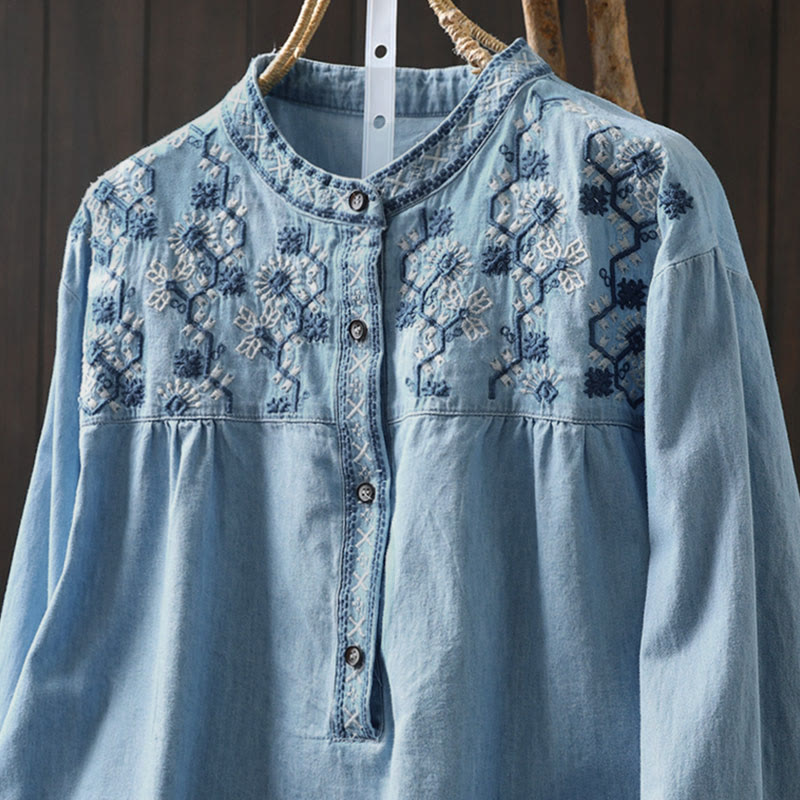 Buddha Stones Geometry Floral Embroidery Cotton Denim Half Buttons Long Sleeve Women's Shirt - image 3