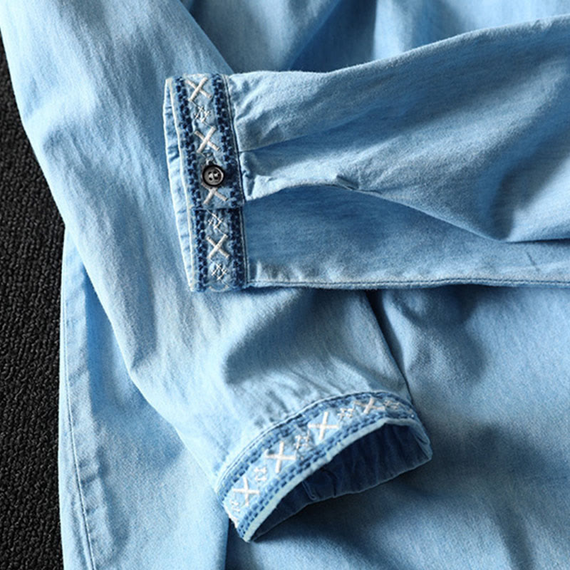 Buddha Stones Geometry Floral Embroidery Cotton Denim Half Buttons Long Sleeve Women's Shirt - image 11