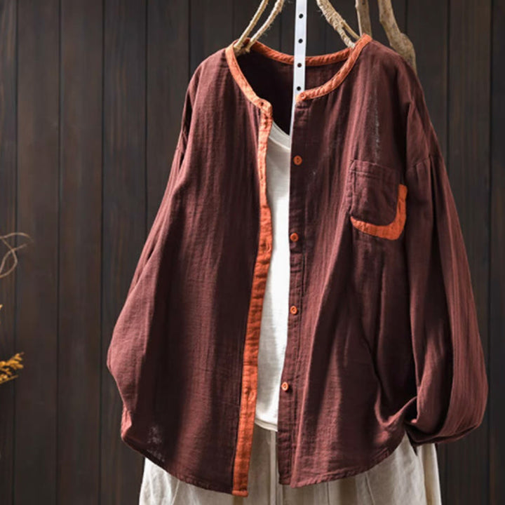 Buddha Stones Spring Contrasting Buttons Down Long Sleeve Women's Cotton Shirt - Peru - US4-6，UK/AU8-10，EU36-38 (F) - image 16