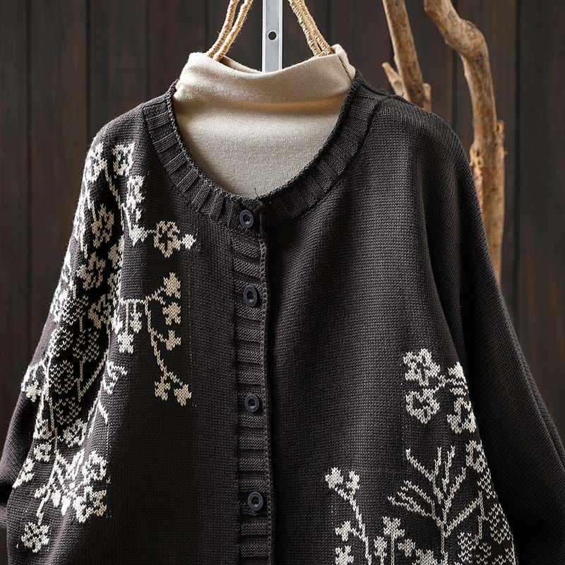 Buddha Stones Floral Buttons Cotton Women's Long Batwing Sleeve Knitted Cardigan - image 18