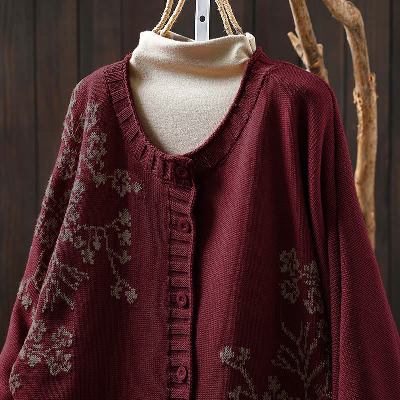 Buddha Stones Floral Buttons Cotton Women's Long Batwing Sleeve Knitted Cardigan - image 1
