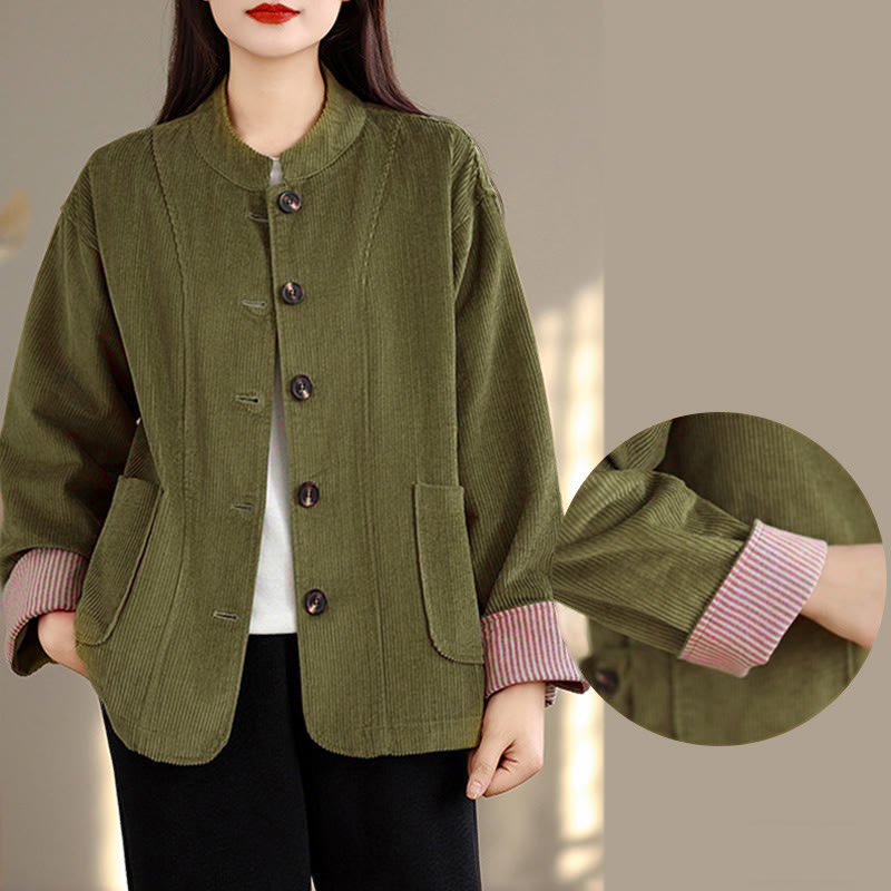 Buddha Stones Buttons Design Corduroy Long Sleeve Women's Jacket With Pockets - image 12