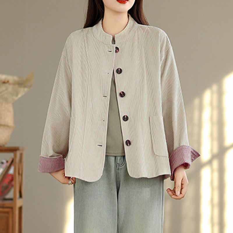 Buddha Stones Buttons Design Corduroy Long Sleeve Women's Jacket With Pockets - image 3