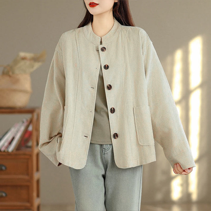 Buddha Stones Buttons Design Corduroy Long Sleeve Women's Jacket With Pockets - image 1