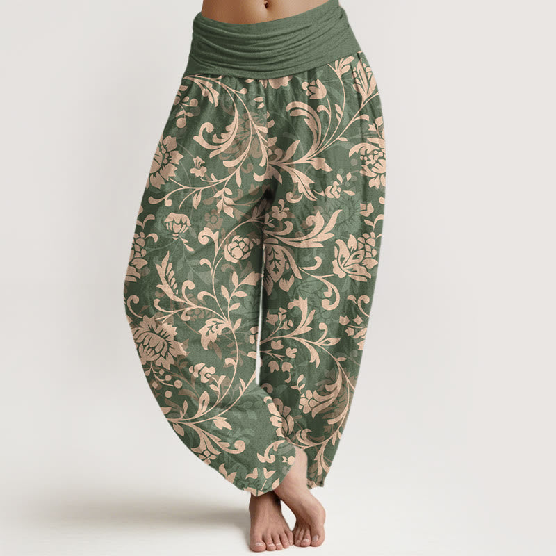 Buddha Stones Cotton Understated Luxury Flower Vine Pattern Women's Elastic Waist Harem Pants - SeaGreen - US16，UK/AU20，EU48 (3XL) - image 0