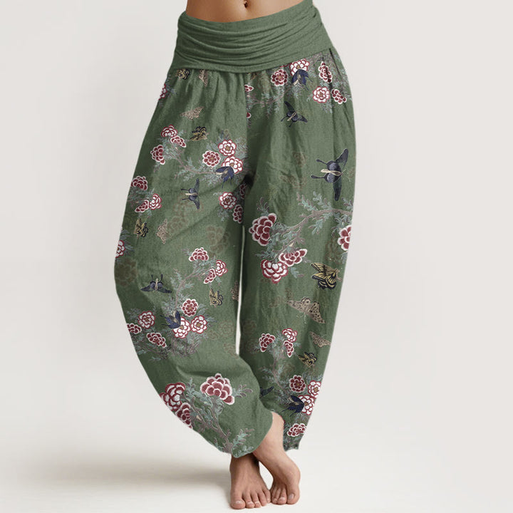 Buddha Stones Cotton Flowers Leaves Butterfly Pattern Women's Elastic Waist Harem Pants - SeaGreen - US16，UK/AU20，EU48 (3XL) - image 5