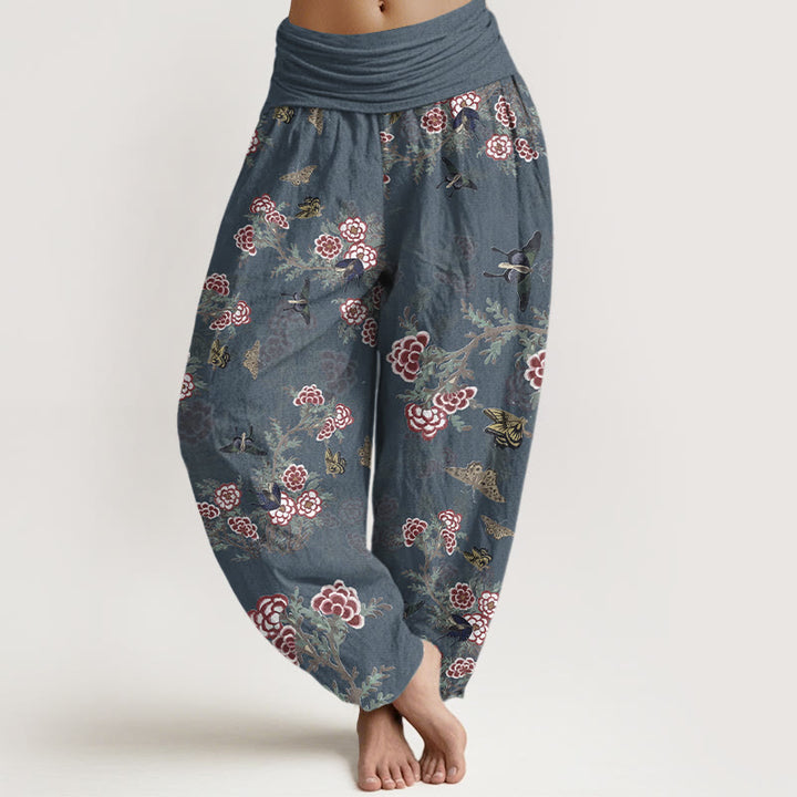 Buddha Stones Cotton Flowers Leaves Butterfly Pattern Women's Elastic Waist Harem Pants - DarkSlateBlue - US16，UK/AU20，EU48 (3XL) - image 8