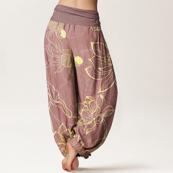 Buddha Stones Cotton Lotus Leaf Koi Fish Women's Elastic Waist Harem Pants - image 15