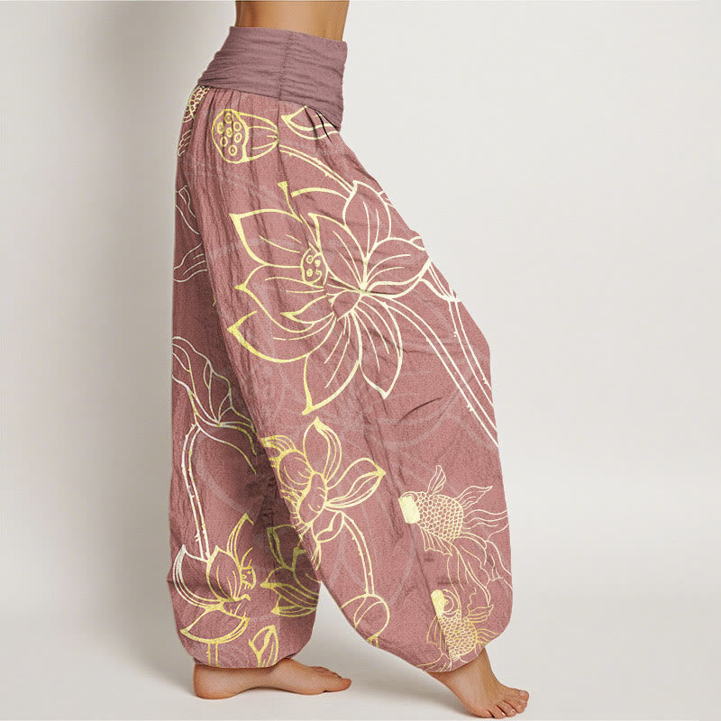 Buddha Stones Cotton Lotus Leaf Koi Fish Women's Elastic Waist Harem Pants - image 14