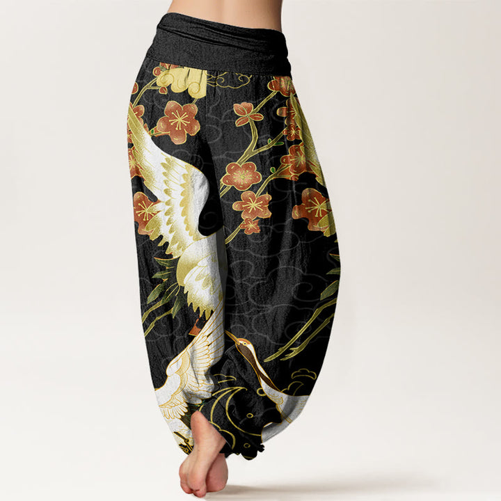Buddha Stones Pure Cotton Cranes Flowers Auspicious Clouds Pattern Women's Elastic Waist Harem Pants - image 1