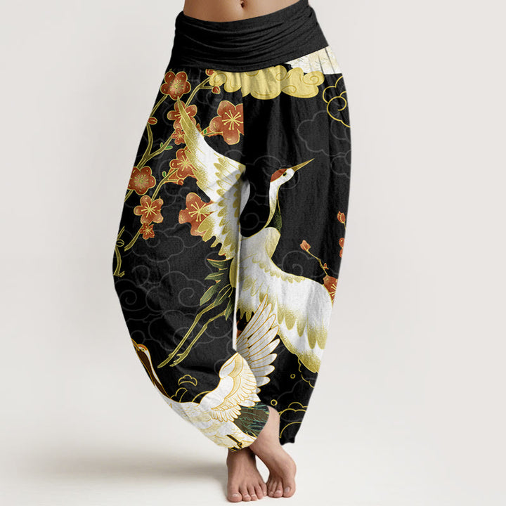 Buddha Stones Pure Cotton Cranes Flowers Auspicious Clouds Pattern Women's Elastic Waist Harem Pants - Black - US22，UK/AU26，EU54 (6XL) - image 0