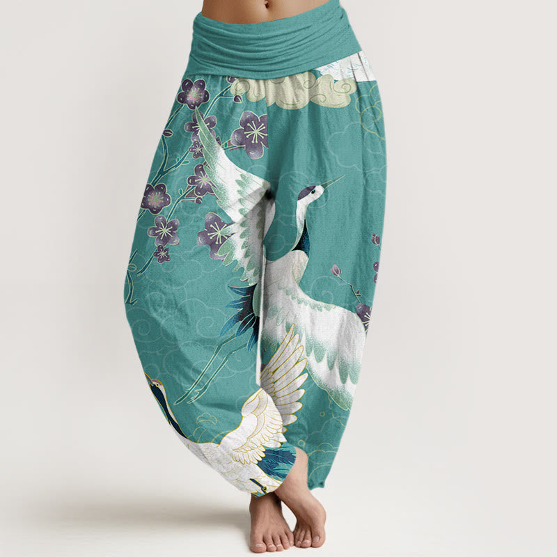 Buddha Stones Pure Cotton Cranes Flowers Auspicious Clouds Pattern Women's Elastic Waist Harem Pants - MediumTurquoise - US22，UK/AU26，EU54 (6XL) - image 8