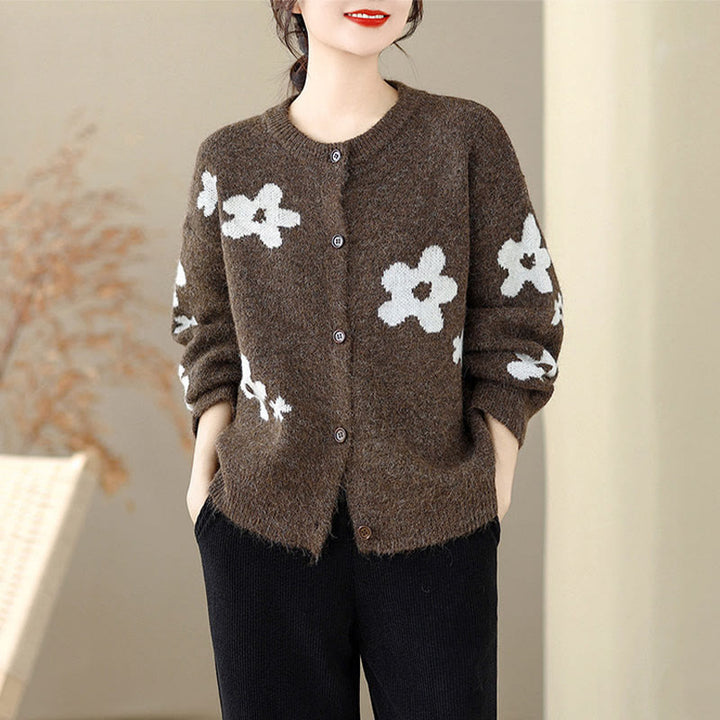 Buddha Stones Winter Flowers Buttons Cotton Women's Long Sleeve Knitted Cardigan - image 4