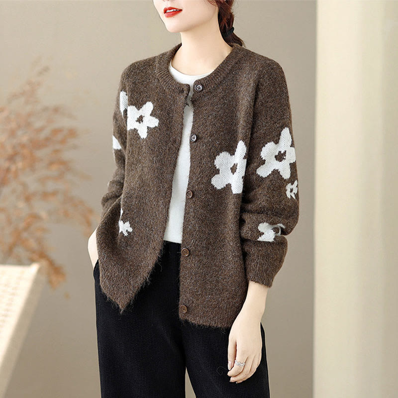 Buddha Stones Winter Flowers Buttons Cotton Women's Long Sleeve Knitted Cardigan - image 1