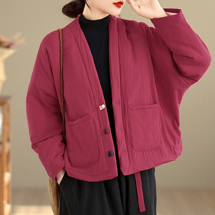 Buddha Stones Winter Long Sleeve Cotton Women's Thermal Jacket With Pockets - PaleVioletRed - US14，UK/AU18，EU46 (2XL) - image 7