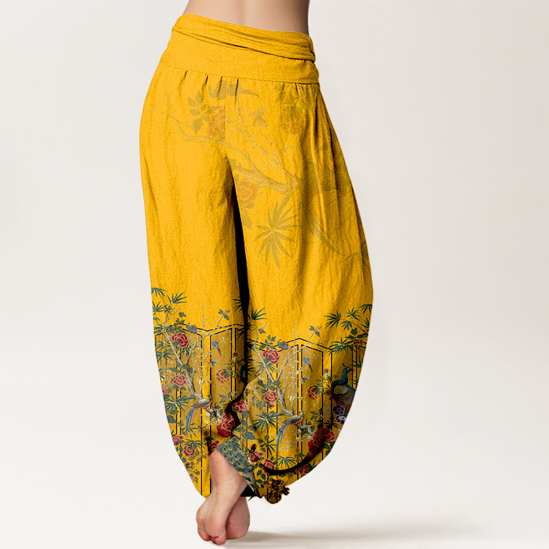 Buddha Stones Cotton Gorgeous Peacock Flower Pattern Women's Elastic Waist Harem Pants - image 1