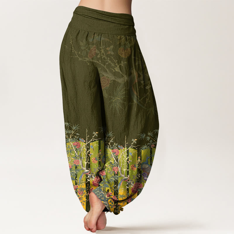 Buddha Stones Cotton Gorgeous Peacock Flower Pattern Women's Elastic Waist Harem Pants - image 9