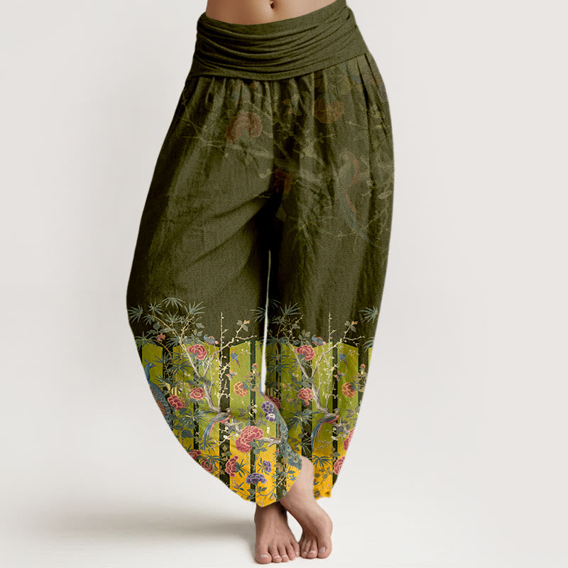 Buddha Stones Cotton Gorgeous Peacock Flower Pattern Women's Elastic Waist Harem Pants - Olive - US16，UK/AU20，EU48 (3XL) - image 8