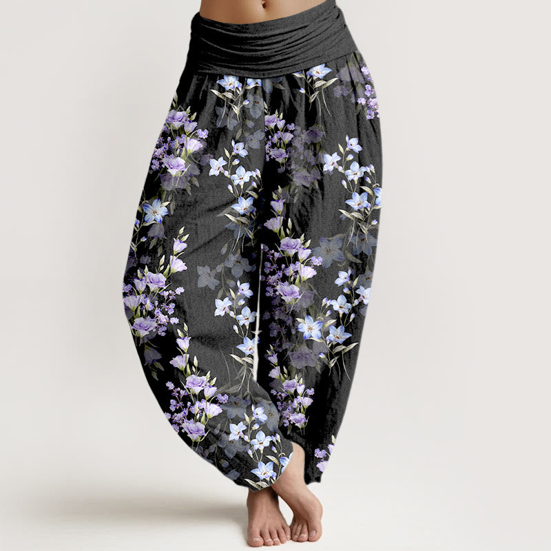 Buddha Stones Cotton Star Shaped Trumpet Shaped Flowers Pattern Women's Elastic Waist Harem Pants - Black - US16，UK/AU20，EU48 (3XL) - image 0