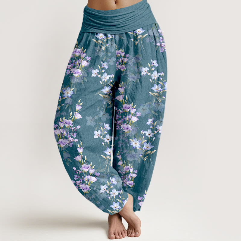 Buddha Stones Cotton Star Shaped Trumpet Shaped Flowers Pattern Women's Elastic Waist Harem Pants - CadetBlue - US16，UK/AU20，EU48 (3XL) - image 5