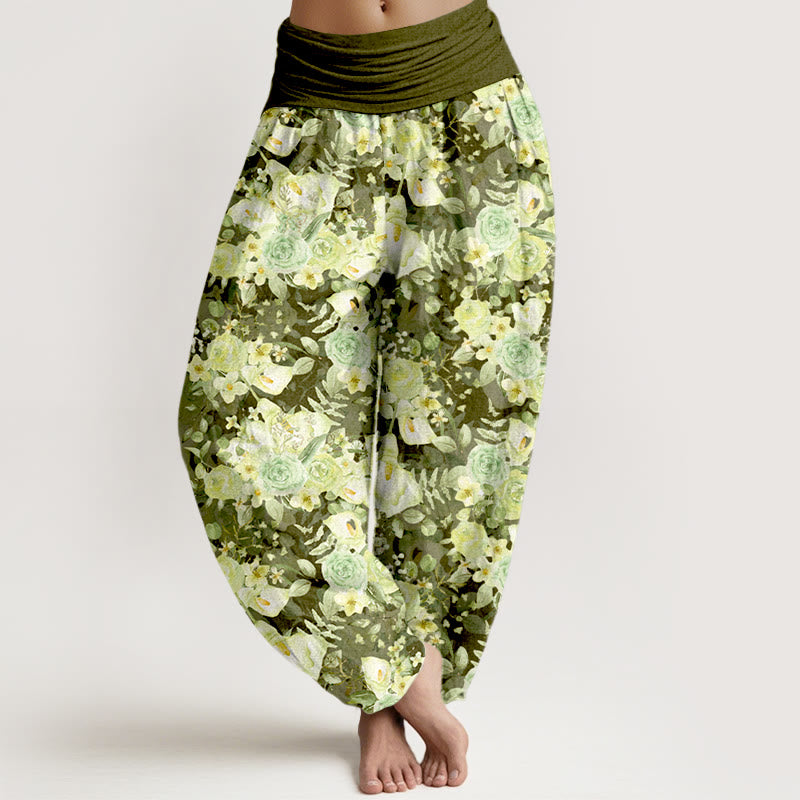 Buddha Stones Cotton Pastoral Flower Pattern Women's Elastic Waist Harem Pants - Olive - US16，UK/AU20，EU48 (3XL) - image 5