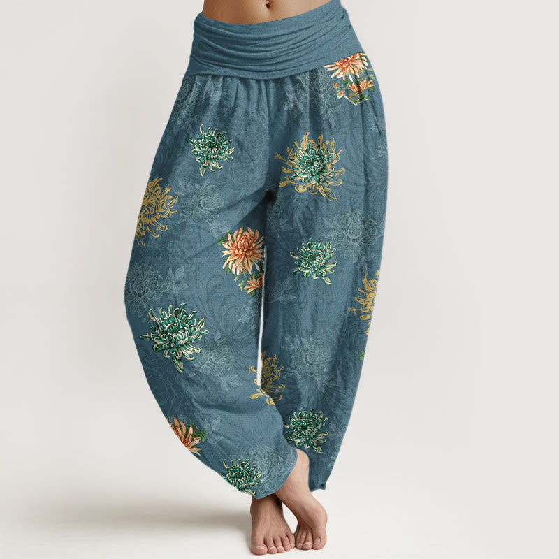 Buddha Stones Cotton Various Colors Chrysanthemum Pattern Women's Elastic Waist Harem Pants - CadetBlue - US16，UK/AU20，EU48 (3XL) - image 0