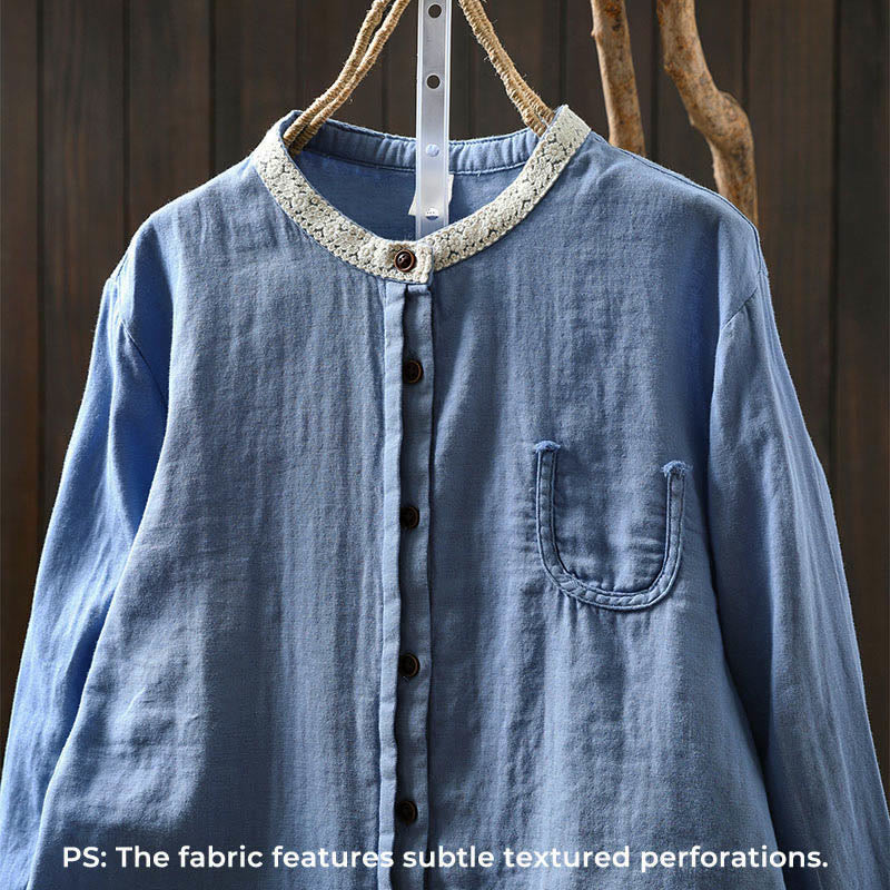 Buddha Stones Spring Fall Lace Collar Button Down Long Sleeve Women's Cotton Shirt - image 1