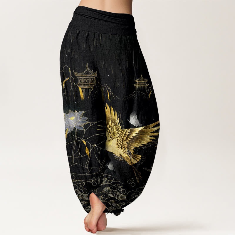 Buddha Stones Cotton Crane Lotus Mountain Pavilion Pattern Women's Elastic Waist Harem Pants - image 1